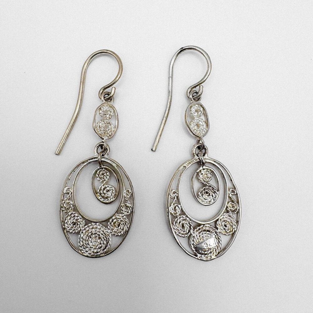 Dangle Oval Earrings, pierced hook, 925 Sterling Silver signed